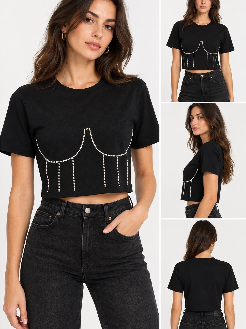 Sandro Black Cropped Tee with Pearl Bead Accents